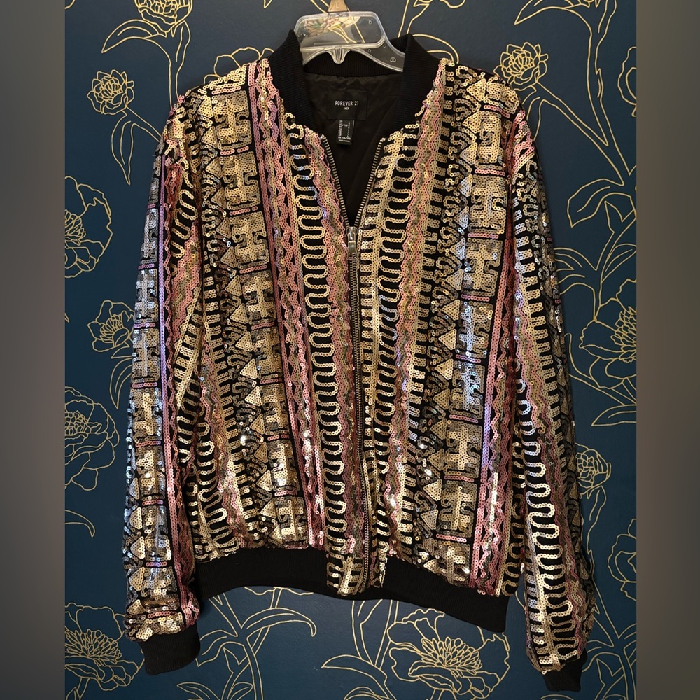 FOREVER 21 sequin BOMBER JACKET gold/pink/black UNISEX - MENS LARGE women’s xl